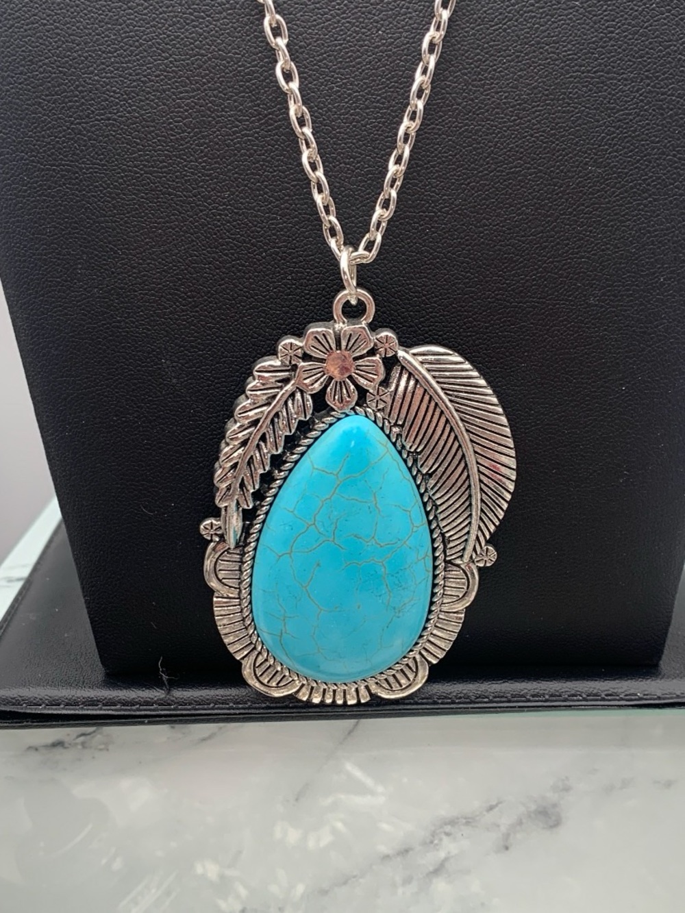 Silver-Tone Turquoise dyed Howlite Teardrop Pendant Necklace 34-36 inches